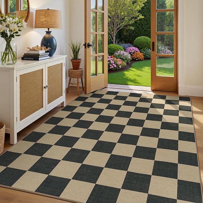 Lessymo Living Room Rugs 5x7 Checkered Washable Easy Jute Outdoor Patio Rug | Non-Slip Carpet for Dining Room Bedroom, Kids & Pets Friendly, Stain Resistant, All Vacuums Compatible, Diamond Black/Beige