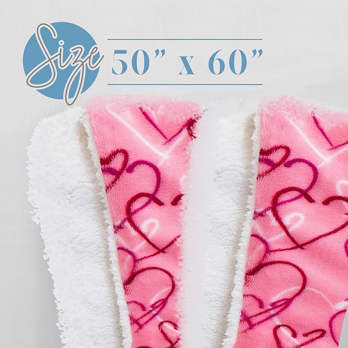 Elegant Comfort Valentine's Day Sherpa Fleece Throw Blanket for Couch - Soft and Warm Sherpa Backing Reversible Pink Hearts Flannel Blanket Valentines Decor, 50 x 60 inches, Amara