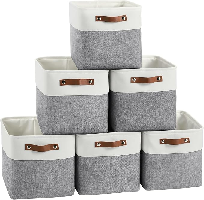 FinishingBo 11 inch Cube Storage Bin 6 Pack, Cube Organizer Bins | Fabric Storage Bins With Handles, 11x11 Storage Cubes, Shelf Basket, White/ Gray