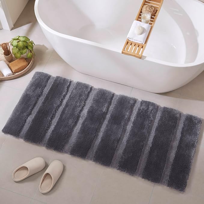 Madison Park Tufted Pearl Channel Absorbent Bathroom Rugs Non Slip Washable Bath Mat Shaggy Rugs For Bathroom Bedroom Plush Runner Rug Machine Wash Rubber Back Grey 24x58" 1 piece