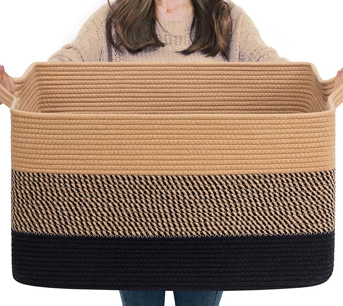 Goodpick 75L Extra Large Blanket Basket, 22" x 17" x 12", Black & Jute | Decorative Storage Basket for Blankets, Pillows & Toys, Living Room & Bedroom Organization, Built-In Woven Handles