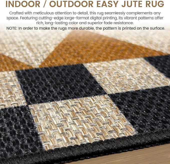Washable Checkered Easy Jute Rug 8x10, Brown Black Checkerboard Geometric Modern Outdoor Indoor Patio Large Rug, Woven Thin Carpet Mat for Living Dining Play Room Bedroom Classroom Backyard