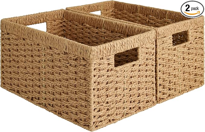 StorageWorks Round Paper Rope Storage Baskets, Rectangular Wicker Baskets with Built-in Handles, Medium, 13" L x 8¼"W x 7" H, 2-Pack