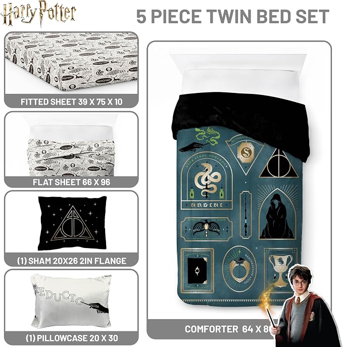 Harry Potter Twin Comforter Set 5 Piece Soft Fantasy Bedding, Blue | Deathly Hallows, Bed in a Bag, Comforter Sheets Sham Pillowcase, Official Product, Soft Microfiber, Machine Washable, Gift