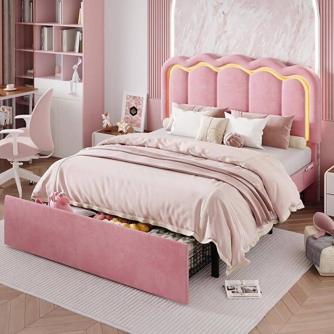 SHA CERLIN Full Size Bed Frame with LED Lights and Storage Drawer, Pink | Upholstered Velvet Platform Bed with Adjuatable Wavy Headboard, Noise-Free, Easy Assembly,No Box Spring Needed