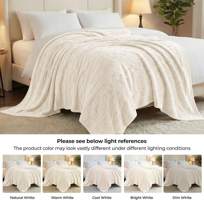 SUPERIOR Fleece Boho Jacquard Blanket, Decorative Blankets for Bedroom, Sofa, Fuzzy, Plush, Fluffy, Soft, Cute Room Decor, Beautiful Cover, Comfort Essentials, Arctic Collection, Throw XL, Ivory