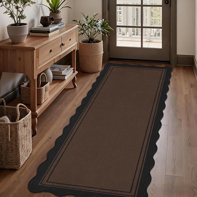 Easy Jute Kitchen Runner 2x6 Kitchen Runner Rug Washable Non Slip Outdoor Rug for Entryway Farmhouse Neutral Low Pile Scalloped Carpet for Hallyway Proch Doorway