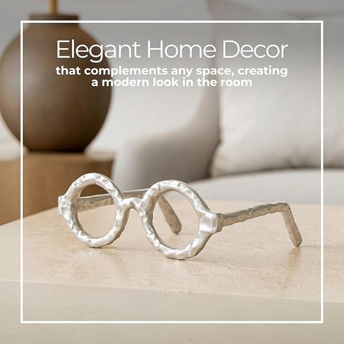 Round Glasses Decorative Object – Aluminum Sculpture Modern Home Decor Ornament – Shelf Styling & Coffee Table Decor for Bathroom, Office & Living Room – 7"x3", Silver