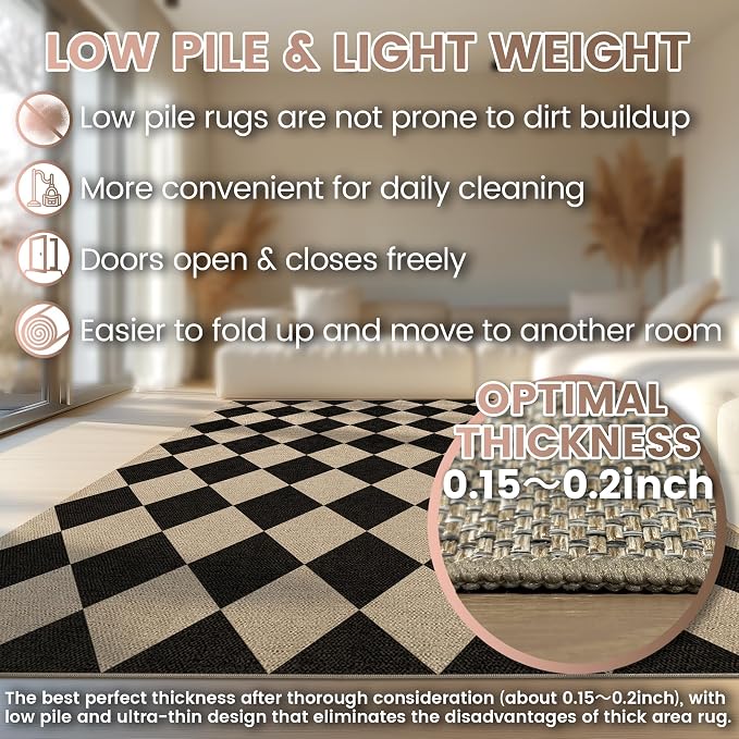 Washable Checkered Easy Jute Runner Rug, 2x8 Black Diamond Checkerboard Boho Geometric Outdoor Indoor Patio Rug, Low Pile Lightweight Non Slip Long Runner Carpet for Hallway Kitchen 8ft Entryway Porch