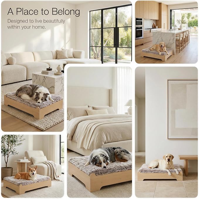 Elevated Wooden Dog Bed with Foam Mattress, Natural Wood, Large | Raised Dog Bed with Washable Cover and Supportive Foam Mattress, Crafted for Large Dogs and Modern Homes