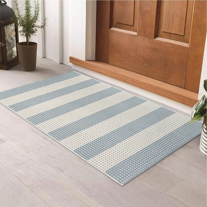 LEEVAN Door Mat Outdoor Entrance 2x3, Washable Striped Front Porch Rug, Blue and White Buffalo Welcome Mat, Spring Outside Entryway Rugs, Cotton Woven Indoor Outdoor Layered Doormats | Woven Front Porch Rug, Dusty Blue and White Welcome Door Mat, Sprin...