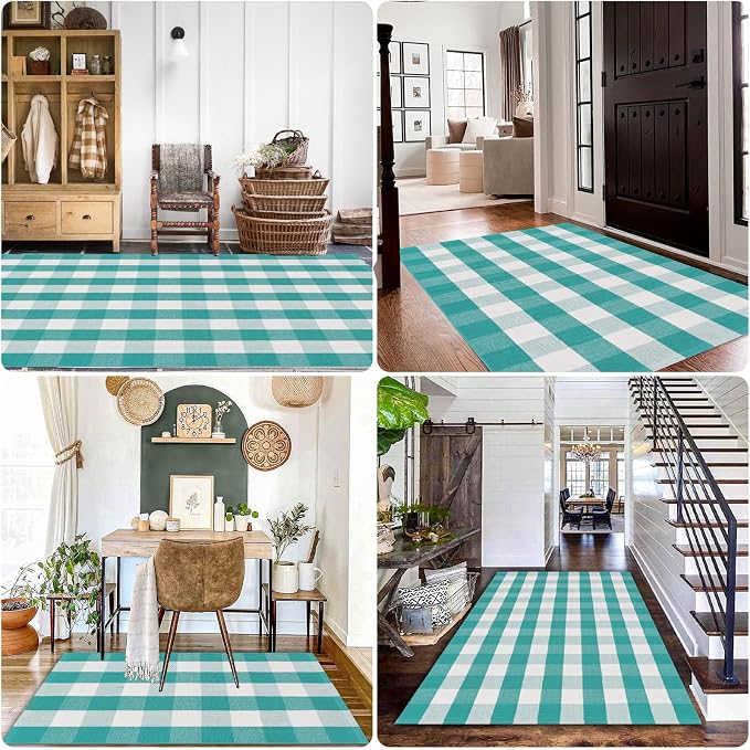 Spring Rugs Green and White Plaid, 4'x6' Area Rug Outdoor Indoor Summer Front Porch Door Mats Cotton Hand-Woven Layered Doormat for Entryway Patio Entryway Laundry Bedroom Living Room