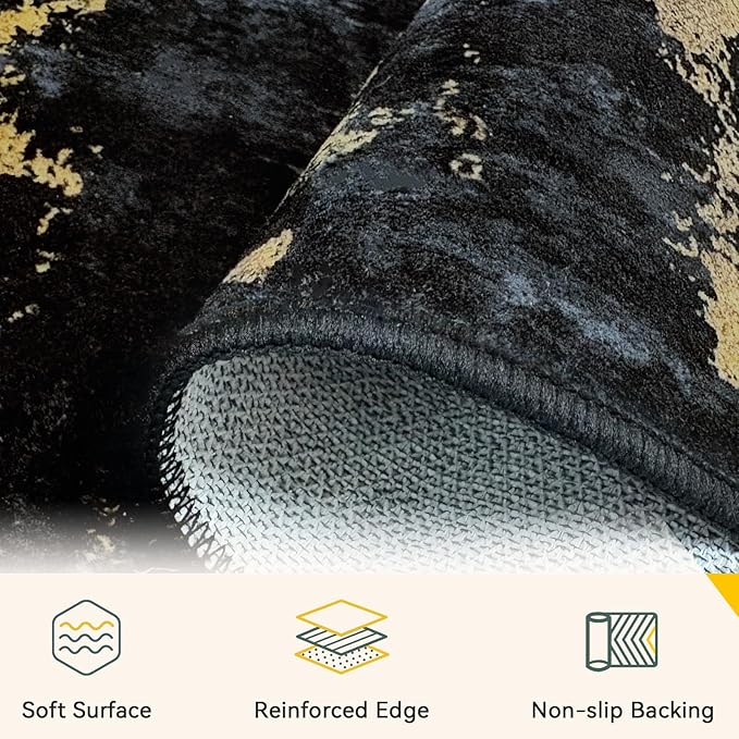 Washable Area Rugs 2'x8' Non-Slip Modern Abstract Soft for Living Room Entryway Bedroom Nursery, Print Pattern, Dark Black Gold