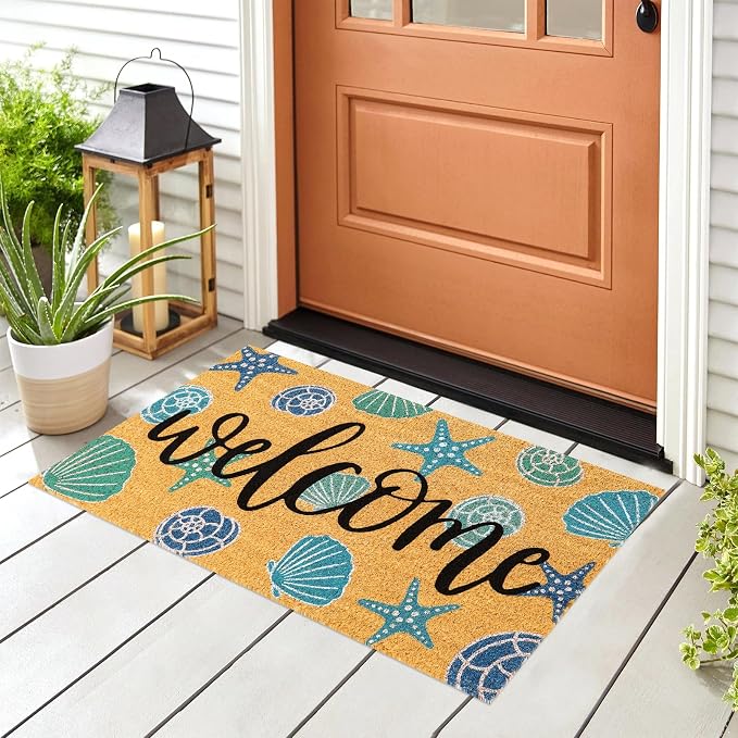 JarThenaAMCS Seashell Natural Coir Door Mat Aqua Blue Beach Theme Welcome Floor Mat Non-Slip Entrance Door Rugs for Summer Indoor Outdoor Home Bathroom Decor, 16.5 x 29 Inch