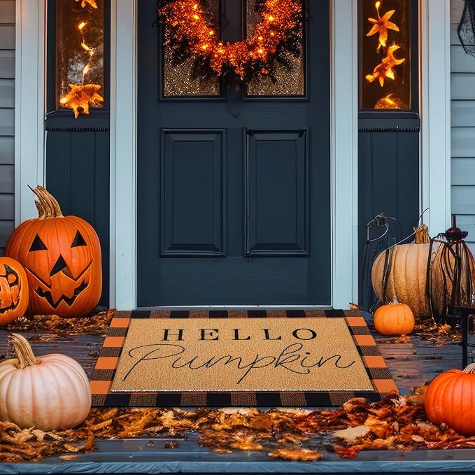 Tinideya 2 Pcs Fall Layering Door Mat Sets, Hello Pumpkin Coir Mats with Black Orange Rug for Autumn Thanksgiving Front Porch Entryway Decor