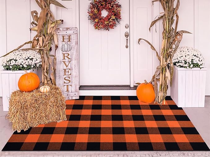 Orange and Black Outdoor Rug 3x5ft,Halloween Front Porch Mat Farmhouse Cotton Washable Layering Rug Checkered Area Rug for Porch,Entryway,Indoor,Outdoor,Halloween,Fall