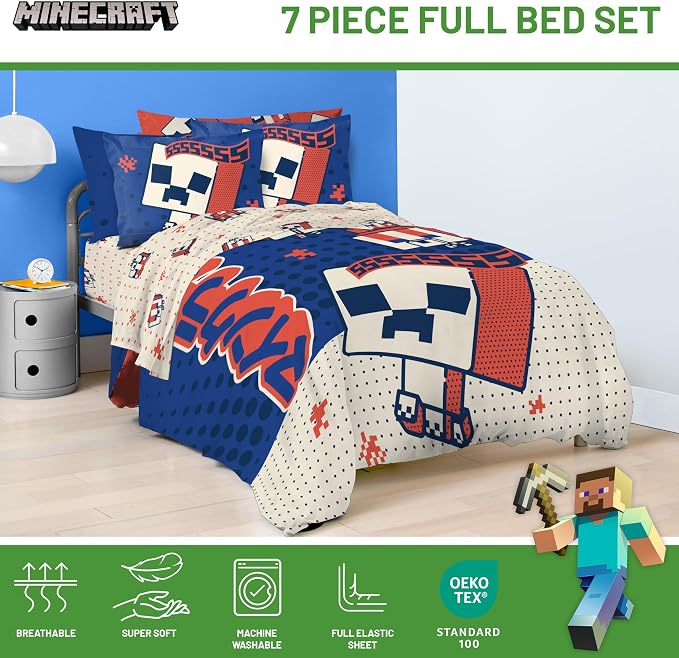 Minecraft Creeper Full Comforter Set 7 Piece Soft Kids Bedding, Blue | Oishi Market, Bed in a Bag, Comforter Sheets Shams Pillowcases, Official Product, Microfiber, Machine Washable, Kids Gift