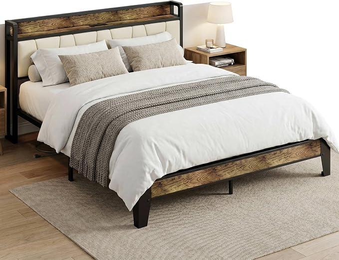 LIKIMIO Queen Bed Frame, Storage Headboard with Charging Station, Solid and Stable, Noise Free, No Box Spring Needed, Easy Assembly (Walnut and Beige)