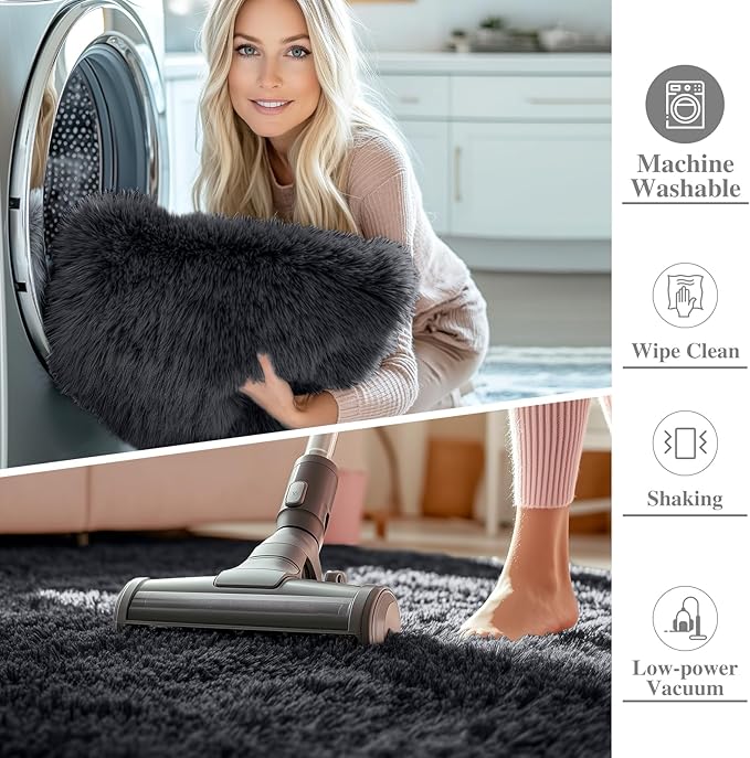 OLANLY 7x11 Machine Washable Large Area Rugs for Living Room, Bedroom, Soft Fluffy Shaggy Bedside Rug, Indoor Floor Carpet for Kids Girls and Boys, Dorms, Nursery, Home Decor Aesthetic, Black