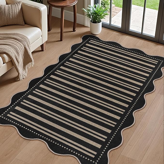 Striped Easy Jute Outdoor Patio Rug, 3x5 Washable Rugs for Entryway Indoor Outdoor Living Room Area Rug, Farmhouse Non Slip Black Carpet for Backyard Bedroom Porch