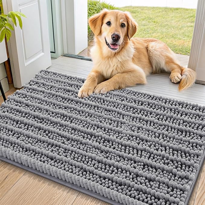Smiry Dog Door Mat for Muddy Paws 36x24, Absorbent Dirt Trapper, Non-Slip Washable Chenille Entryway Rug for Inside Floor, Grey, Layered Pattern