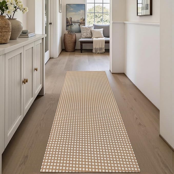 Rugalia Washable Woven Indoor Outdoor Runner Rug, 2x5 Camel Cotton Rug Runners for Hallway Non-Slip Entryway Runner Rugs, Modern Natural Plaid Long Throw Carpet for Kitchen Porch Entrance