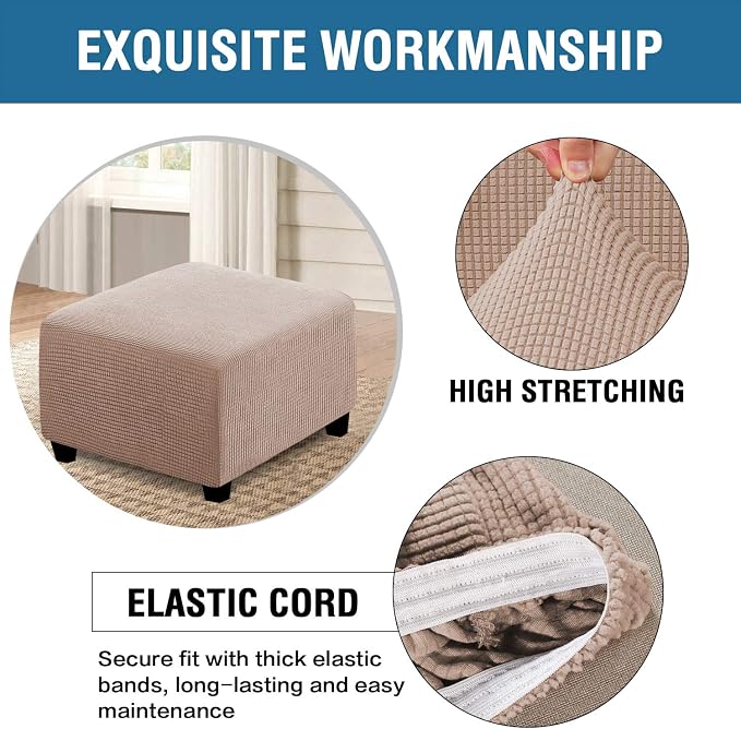 H.VERSAILTEX Square Ottoman Covers Ottoman Slipcovers Folding Storage Stool Furniture Protector Form Fit with Elastic Bottom, Stretch High Spandex Small Checks Jacquard Fabric(Medium,Sand)