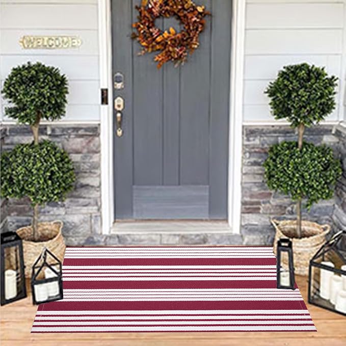 Red and White Striped Rug 24'' x 51'' Front Porch Rug Hand-Woven Machine Washable Indoor/Outdoor Layered Door Mats for Entryway/Bedroom/Outdoor