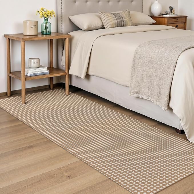 Rugalia Washable Woven Indoor Outdoor Runner Rug 2x6, Camel Cotton Rug Runners for Hallway Non-Slip Long Kitchen Mat, Modern Plaid Neutral Throw Runner Carpet for Entry Porch Patio Bedroom