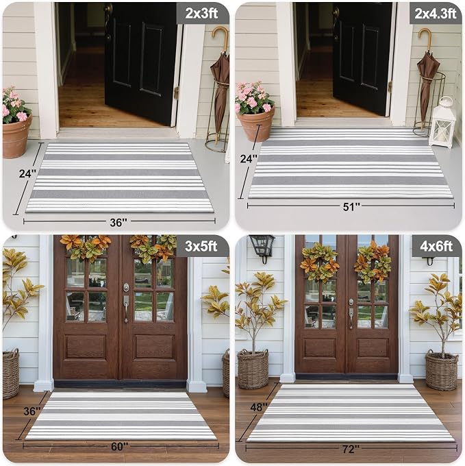 OJIA Front Door Rug 24"x51" Gray and White Striped Outdoor Rug Porch Decor | Machine Washable Porch Rug Front Door Mat Outdoor Indoor Area Rugs Cotton Woven Entry Mat for Home Entrance/Farmhouse Decor