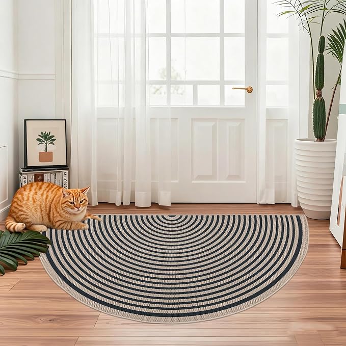 Easy Jute Rainbow Rug 2.6x5Ft Half Circle Doormat Neutral Faux Jute Carpet for Farmhouse Bedroom Entrance Balcony, Nonslip Half Round Floor Mat for Living Room Patio Kitchen, Outdoor, Black 3