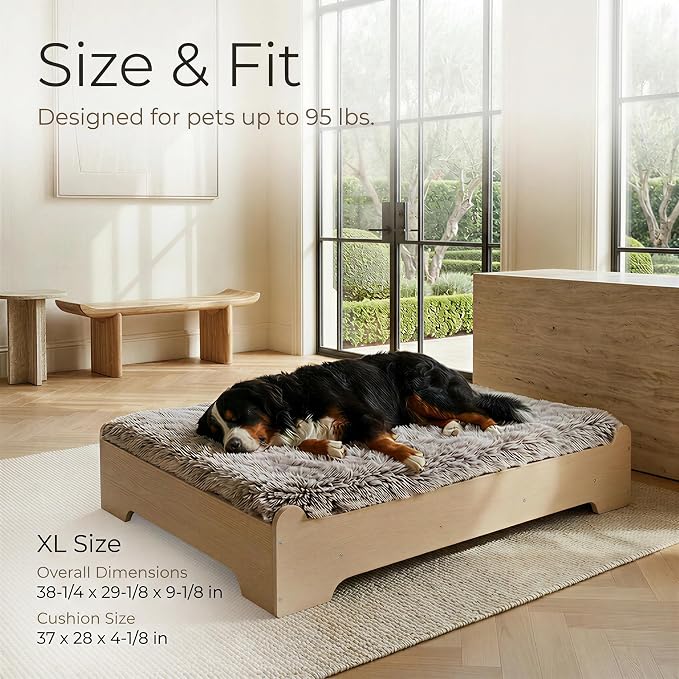 Elevated Wooden Dog Bed with Foam Mattress, Natural Wood, X-Large | Raised Dog Bed with Washable Cover and Supportive Foam Mattress, Crafted for X-Large Dogs and Modern Homes