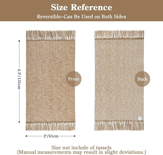 Collive 2' x 4.3' Indoor Outdoor Rug, Modern Farmhouse Kitchen Runner Rugs Hand-Woven Bathroom Mat, Tan Boho Washable Front Door Mats Reversible Entry Carpet for Laundry Bedroom Porch Decor