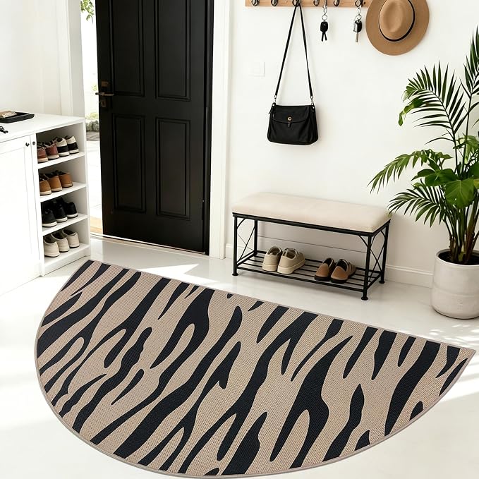Faux Jute Rug 3x6Ft Half Circle Zebra Stripe Doormat Easy Jute Carpet for Farmhouse Bedroom Kitchen, Non-Slip Half Round Floor Mat for Living Room Kids Room Indoor Outdoor Decor, Black 6
