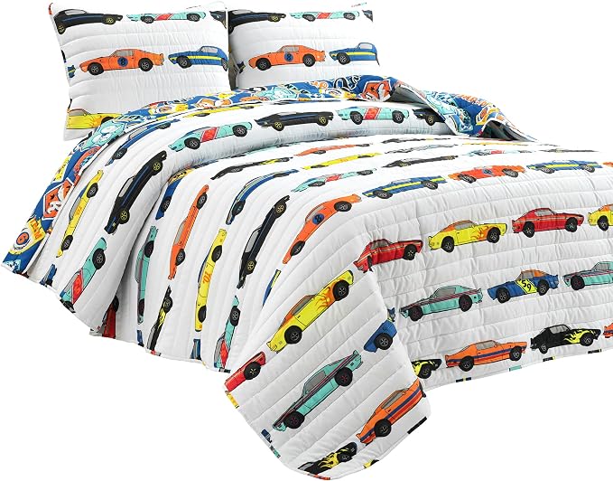 Lush Decor Race Car Kids' 2-Piece Quilt Bed Set, Reversible Bedding Set for Boys, White, Twin