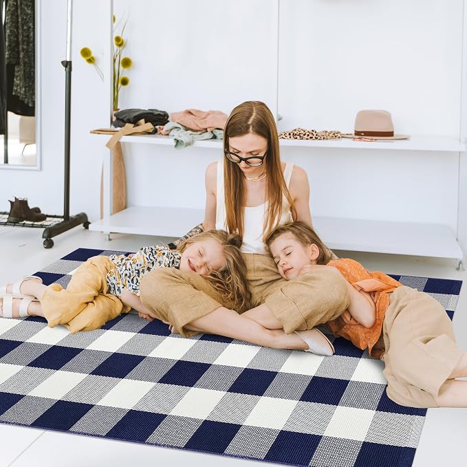 Buffalo Plaid Rug 3x5 Cotton Woven Buffalo Check Rug Navy and White Checkered Outdoor Rug Washable Indoor Outdoor Area Rug Layered Front Door Mats Carpet for Farmhouse Entryway Living Room Bedroom