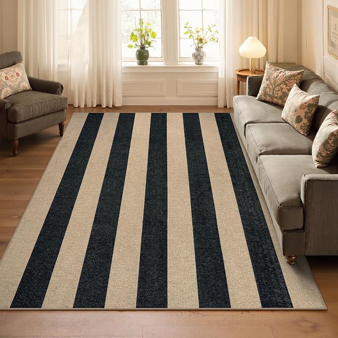 Lahome Striped Easy Jute Outdoor Patio Rug, 5x7 Living Room Washable Rugs | Dining Room Area Rug Black, Modern Farmhouse Neutral Non Slip Non Shedding Carpet for Porch Deck Classroom Entryway Office