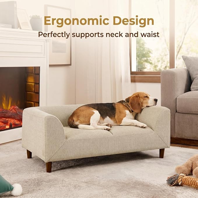 39.75 “x 22.5 “ Elevated Pet Sofa for Small Medium Dogs | Elevated Base | Breathable Linen Fabric | Armrest & Backrest | Plush Thick Cushion|Easy to Clean | Beige