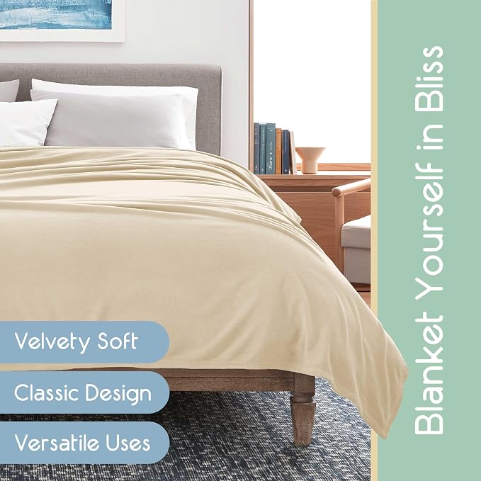Twin Size Microfleece Blanket | Fleece Bed Blanket | All-Season Comfort| Supersoft Lightweight Throw Blanket | Plush Throw Blanket for Bed Couch or Sofa | Travel Blanket | Pet-Friendly | Ivory