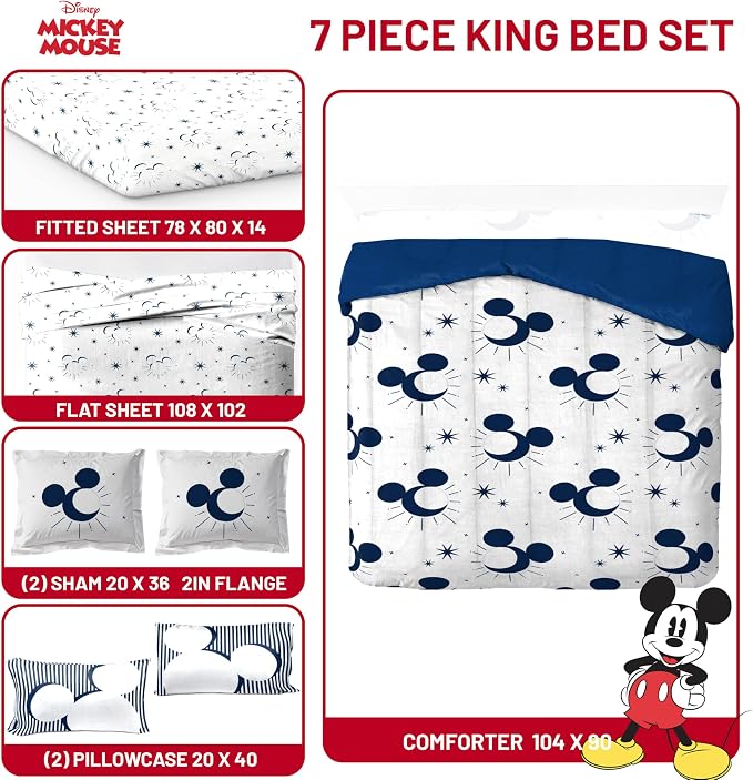 Disney Mickey Mouse King Comforter Set 7 Piece Celestial Bedding, White | Bed in a Bag, Comforter Sheets Shams Pillowcases, Official Product, Soft Microfiber, Machine Washable, Easy Care
