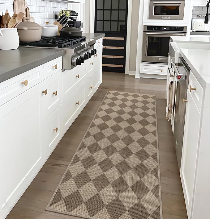 Rugalia Easy Jute Checkered Runner Rug, 2x6 Brown Modern Washable Rugs Runner for Hallway Non-Slip Long Kitchen Rug, Geometric Diamond Indoor Outdoor Carpet for Porch Laundry Entryway