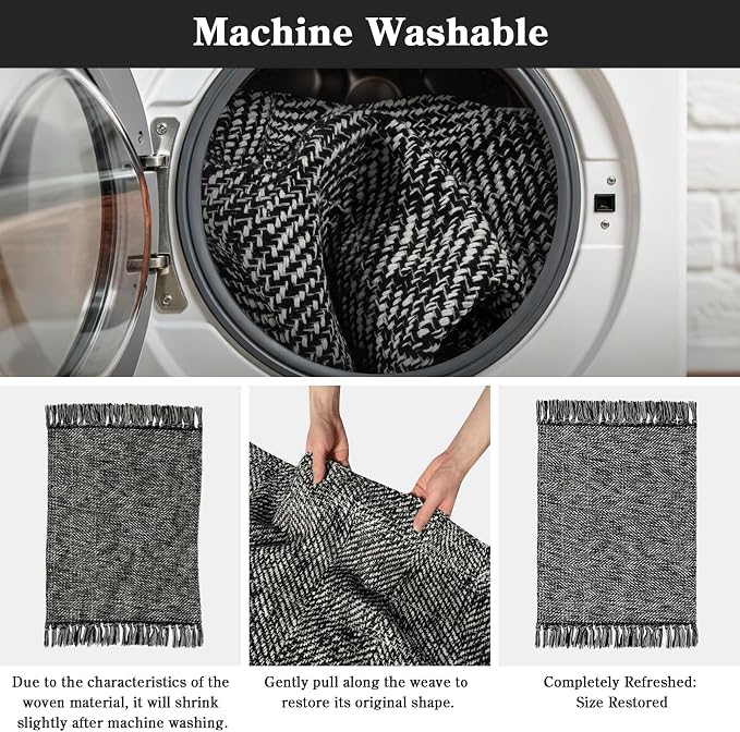 Collive Bathroom Runner Rug, 2' x 5' Modern Farmhouse Kitchen Runner Rug Hand-Woven Entryway Rugs Runners for Hallway, Black Boho Washable Laundry Carpet Indoor Front Door Mat for Bedroom Decor