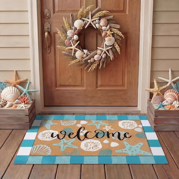 Tinideya 2 Pcs Summer Door Mat Coastal Beach Welcome Non Slip Coir Mats Sea Style Starfish Seashells Ocean Buffalo Plaid Floor Layering Doormats Seasonal for Front Porch Entryway Decor(Summer Beach)