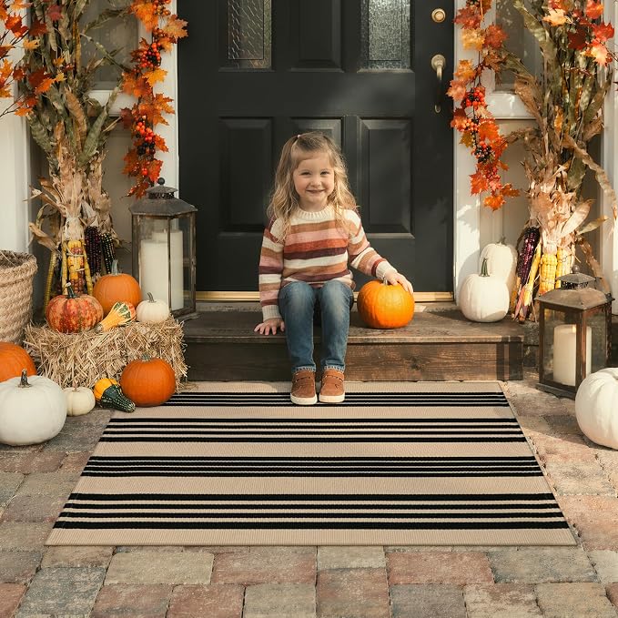 KIMODE Outdoor Rug Fall Decor 27.5"x43", Black and Khaki Striped Front Porch Rugs, Reversible Washable Front Door Mats, Hand Woven Welcome Layered Doormat Entryway Rug for Entrance Farmhouse