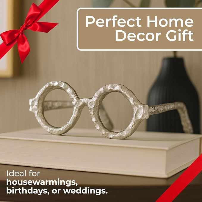 Round Glasses Decorative Object – Aluminum Sculpture Modern Home Decor Ornament – Shelf Styling & Coffee Table Decor for Bathroom, Office & Living Room – 7"x3", Silver