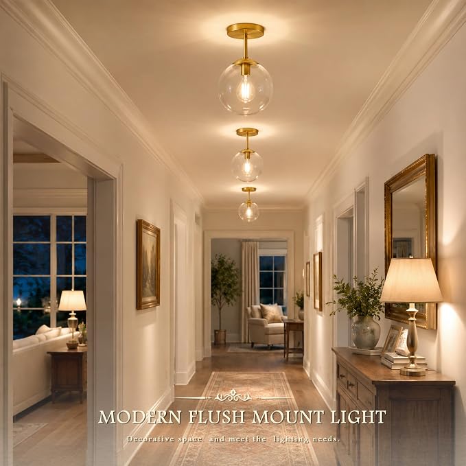 Gold Semi Flush Mount Ceiling Light Globe Ceiling Light Brass Finish with Clear Glass Shade, Contemporary Mid Century Modern Style Lighting for Hallway Living Room Bedroom Storage Kitchen (Bulb Incl.)