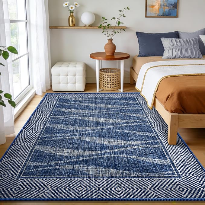 Easy Jute Rug 5x7 Outdoor Patio Rug with Border, Washable Rugs for Living Room, Farmhouse Non Slip Area Rugs with Rubber Backing Indoor Outdoor, Non Shedding Carpet for Bedroom, Courtyard, Blue