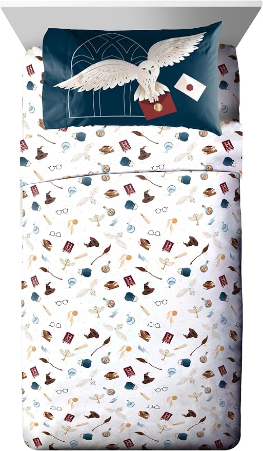 Harry Potter Twin Comforter Set 5 Piece Soft Hogwarts Bedding, Grey | Hedwig, Bed in a Bag, Comforter Sheets Sham Pillowcase, Official Product, Soft Microfiber, Machine Washable, Kids Gift