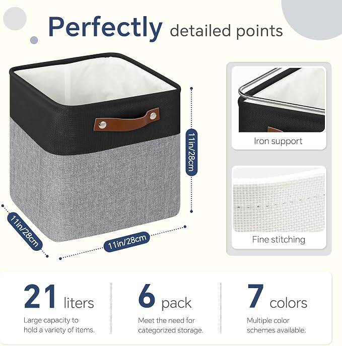 FinishingBo 11 inch Cube Storage Bin 6 Pack, Cube Organizer Bins | Fabric Storage Bins With Handles, 11x11 Storage Cubes, Shelf Basket, Black/ Gray