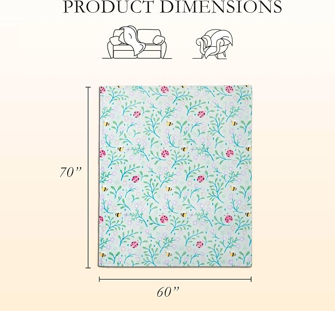 Oversized Plush Throw Blanket 60" x 70", Bees and Lady Bugs